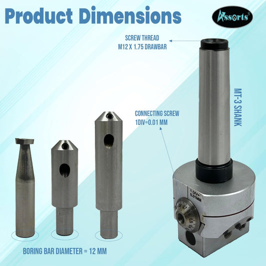 Boring Head Diameter 62 mm with 2 x Fly cutting tool holders & 2 x Carbide Brazed Tools II 1 Division: 0.01 mm