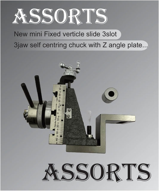 Assorts New Mini Fixed Vertical Slide (90mm x 50mm) with 3-Slots and Precision Side Scale, Z-Angle Plate, and 50mm 3-Jaw Self-Centering Chuck with Back Plate - for Mini Lathe Metalworking Projects