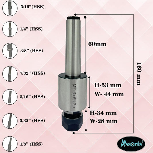 Assorts MT3 Shank Rotary Broach Kit with ER-20 Adapter & 7-Piece Square Broach Set – High-Precision Tools for CNC and Milling Excellence