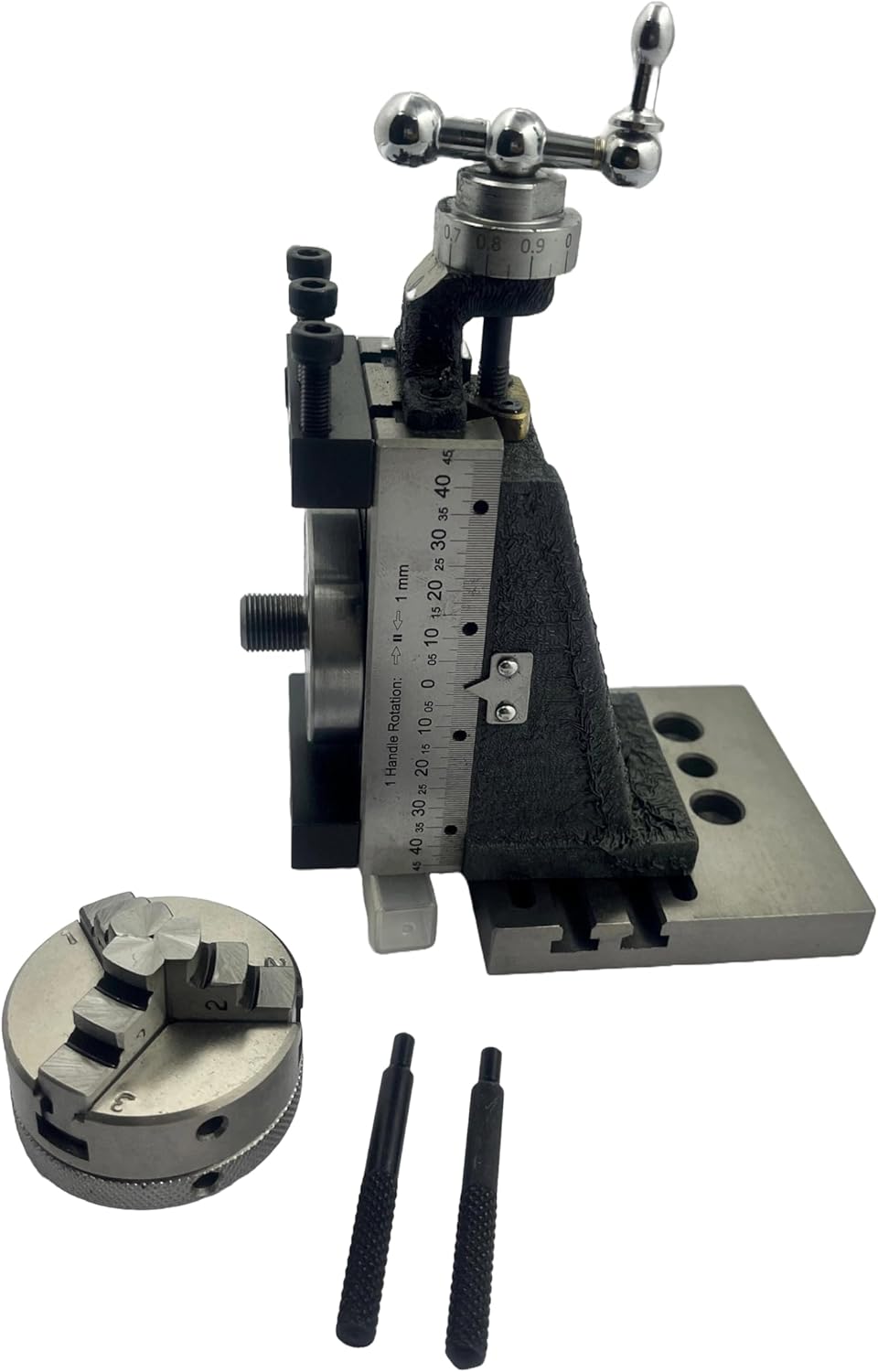 Assorts New Mini Fixed Vertical Slide with 2-Slot Side Scale and Sturdy Base Plate, Featuring a 50mm 3-Jaw Self Centering Chuck with Enhanced Stability Back Plate for Mini lathe metalworking