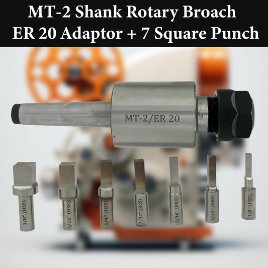 MT2 Shank Rotary Broach Kit with ER-20 Adaptor & 7-Piece Square Broach Set – Precision Tooling for CNC and Milling Machines