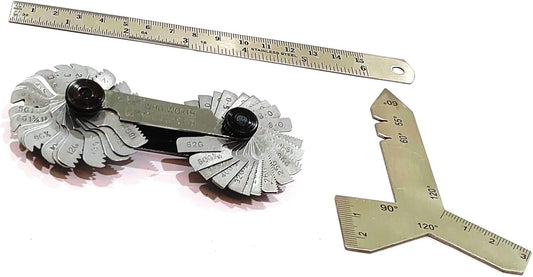 DIY Hand Tool Combo - 51 Blades BSW/Metric Thread Pitch Gauge, 6" /150 mm SS Scale (Ruler) & SS Universal Grinding Gauge