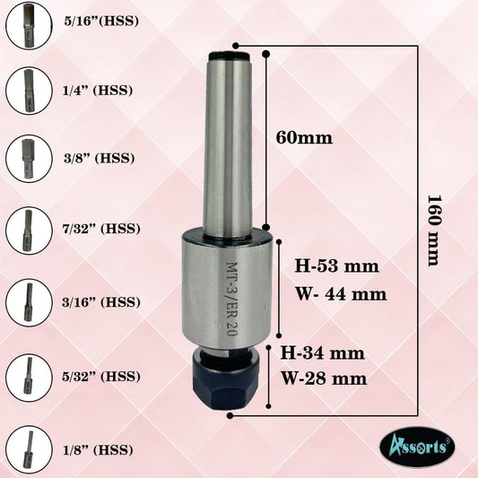 Assorts MT3 Shank Rotary Broach Kit with ER-20 Adapter & 7-Piece Hex Broach Set – Premium Precision Tools for CNC and Milling Operation