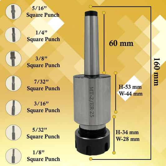 MT2 Shank Rotary Broach ER-25 Adapter with 7 Square Punches