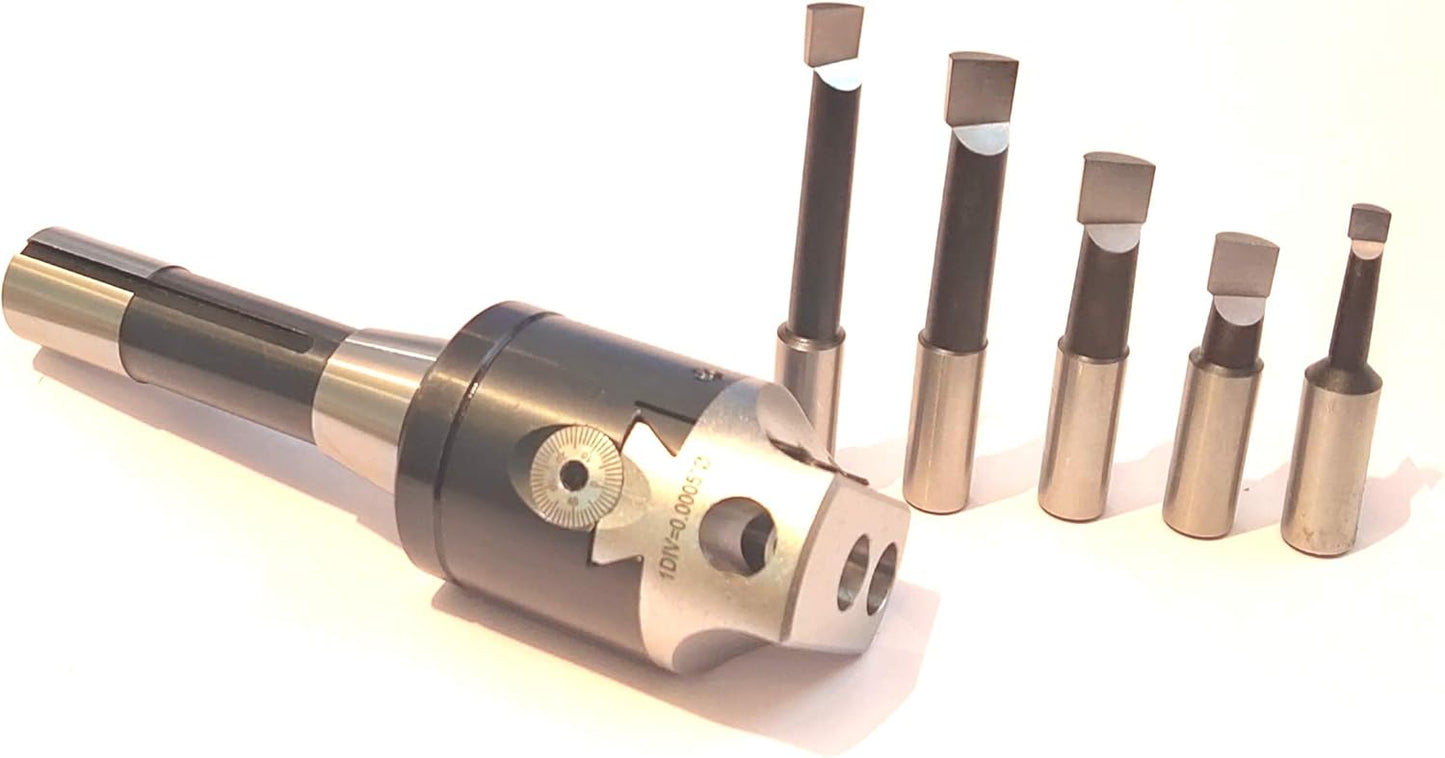 Precision Boring Head 2" for Milling & Lathe Machine 1 Div=0.0005" (R8 SHANK (7/16 UNF) W/ 5 PCS HSS BORING BAR SET)