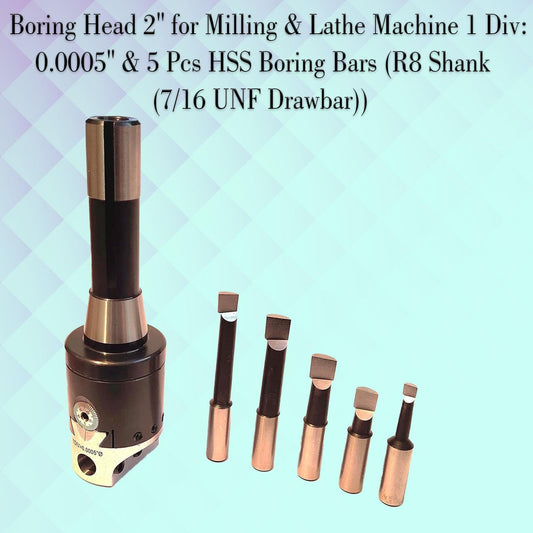 Assorts Boring Head 2 inch for Milling & Lathe Machine 1 Div: 0.0005" & 5 Pcs HSS Boring Bars R8 Shank (7/16 UNF Drawbar)