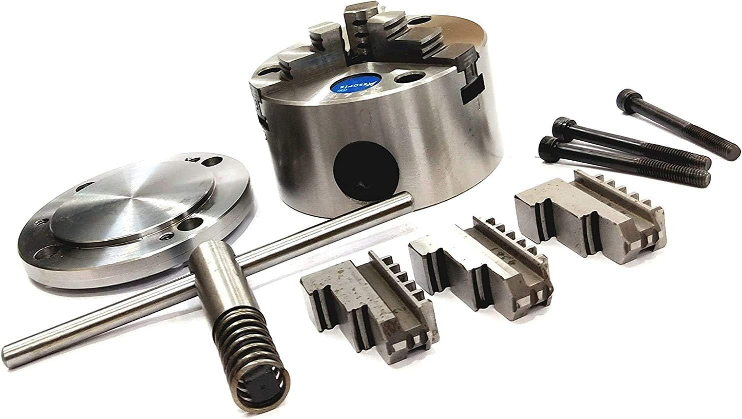 100 MM 3 JAW SELF CENTERING CHUCK & BACK PLATE WITH 3 SET X T NUTS