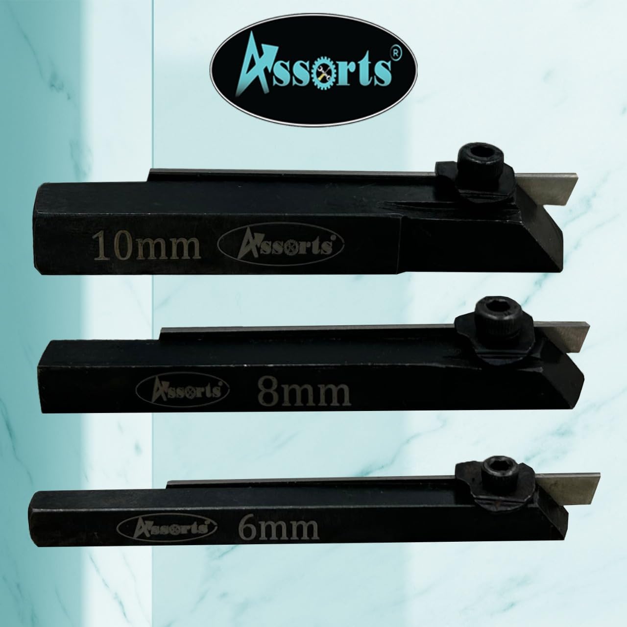 Assorts Mini Cut-Off Parting Tool Set - Includes 6mm, 8mm, and 10mm Shank Sizes with HSS Parting Blade, and Mini Turning Tool Holder with 10mm Shank - Left, Right, and Straight Turning Tools