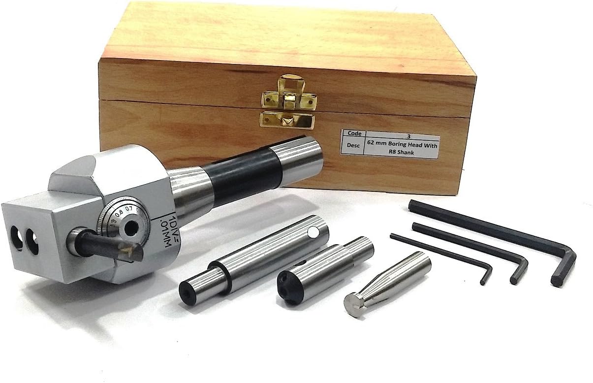 PRECISION BORING HEAD 62 MM DIAMETER FOR LATHE, MILLING MACHINE -QUALITY TOOLS ACCESSORIES WITH FLY CUTTERS, CARBIDE BRAZED TOOL SETS // 1 DIV=0.01 MM (R8 SHANK (7/16" UNF x 20 TPI DRAWBAR))