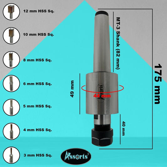 ASSORTS MT3 Shank Rotary Broach Holder with ER-16 Adapter – Internal Square Broaching Tool Set with 7 HSS Square Broaches 3mm to 12mm for CNC Lathes, Milling Machines & Precision Metalworking