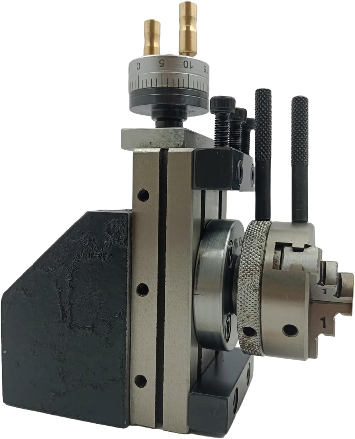 Assorts Mini Vertical Slide, measuring 90mm x 50mm, equipped with a 50mm 3-Jaw Self-Centering Chuck, complete with a back plate featuring an integrated side scale for mini lathe metalworking projects
