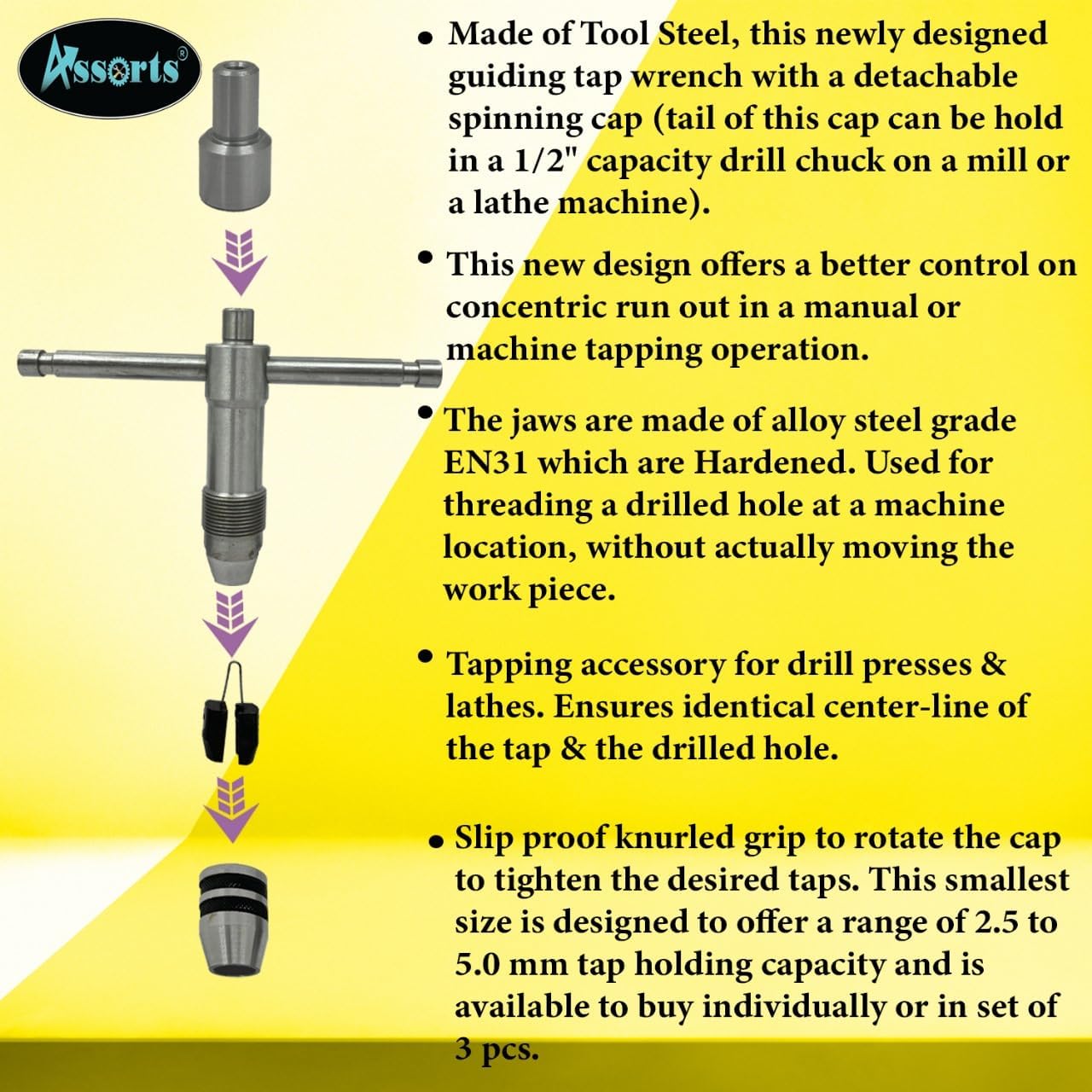 ASSORTS Precision Guiding Tap Wrench with Detachable Spinning Cap - Tool Steel, 1/2" Capacity