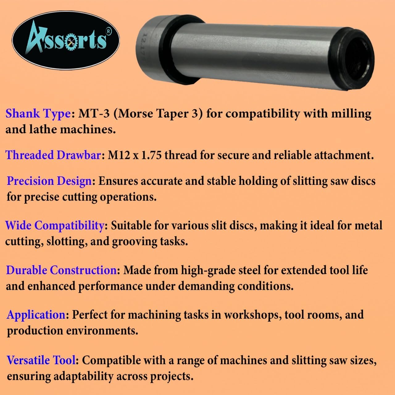 Slitting Saw Holder Arbor MT-3 Shank For Slit Discs Milling Lathe Tools-M12 x 1.75 Drawbar