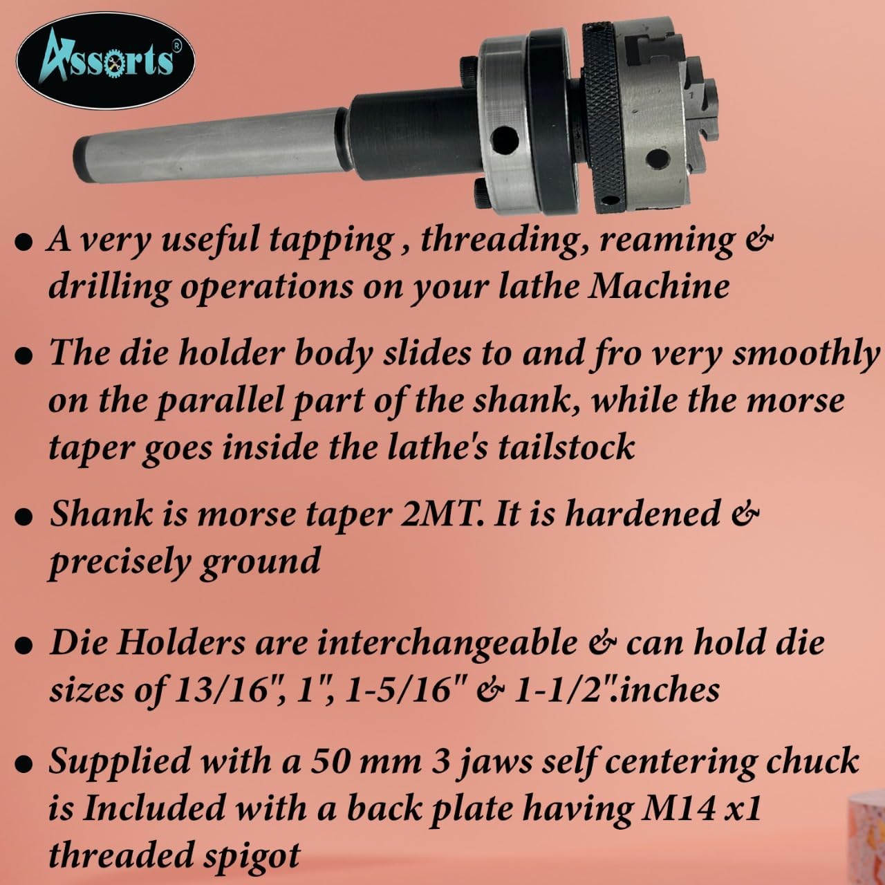 Lathe Tailstock Die Holder 2MT Shank- Tapping Threading Reaming Drilling + 50 mm 3 jaw Self-Centering Chuck