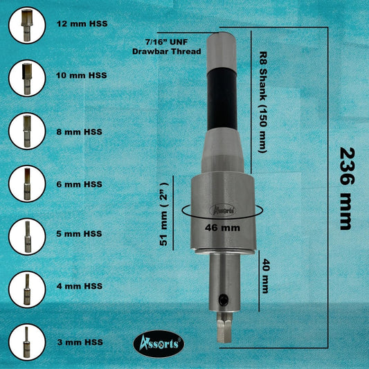 Assorts Newly Developed Rotary Broach (Metric) – R8 Shank (7/16” UNF Drawbar Thread) + 7 PCS H.S.S. Hex Punch Set (3–12 mm)