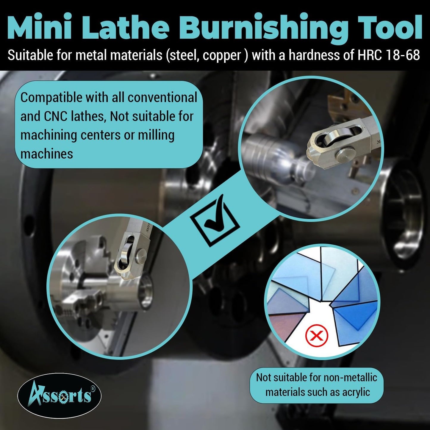 Mini Lathe Burnishing Tool Premium Series (5/8" × 5/8" × 2-1/2") Shank Mirror Finish Roller for CNC & Manual Lathes, Steel & Copper (HRC 1868)