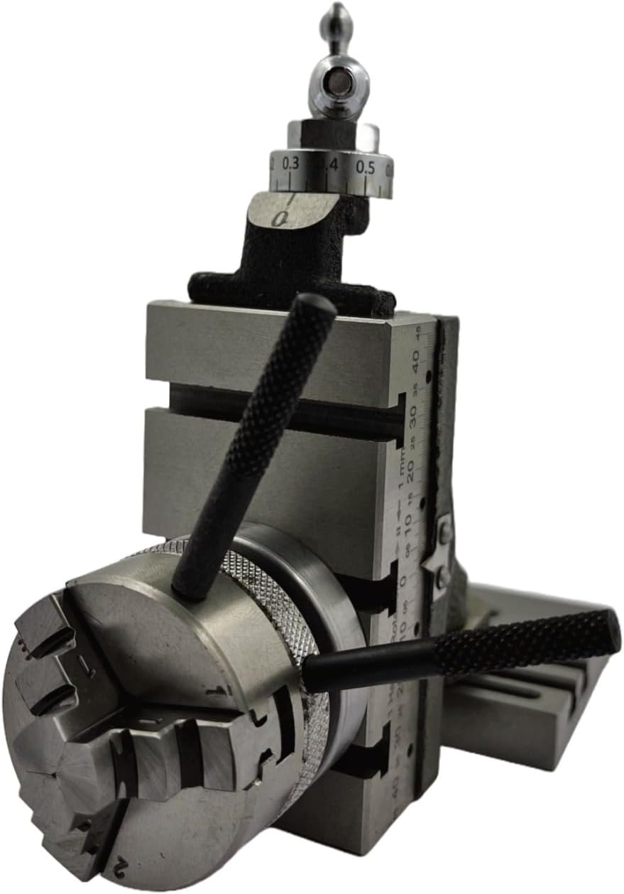 Assorts New Mini Swivel Vertical Slide (90mm X 50mm) featuring 3 Slots, a Side Scale, and a Base Plate, Enhanced with a Reliable 50mm 3-jaw Self-Centering Chuck including Back Plate