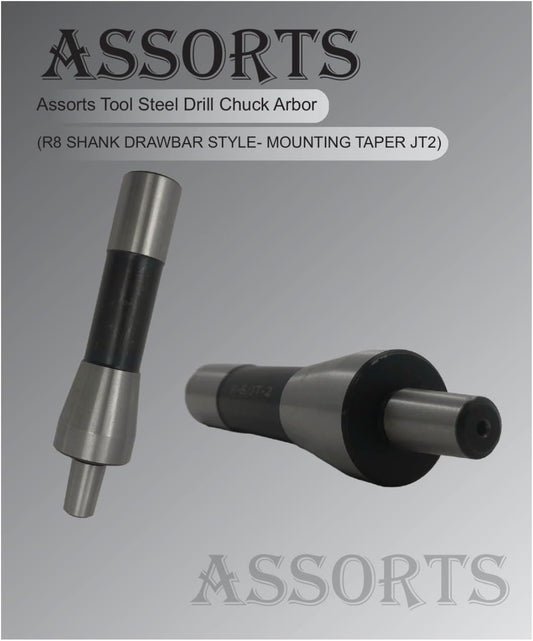 ASSORTS Tool Steel Drill Chuck Arbor - R8 Shank Drawbar Style with JT2 Mounting Taper for Drill, Mill, Lathe Tools