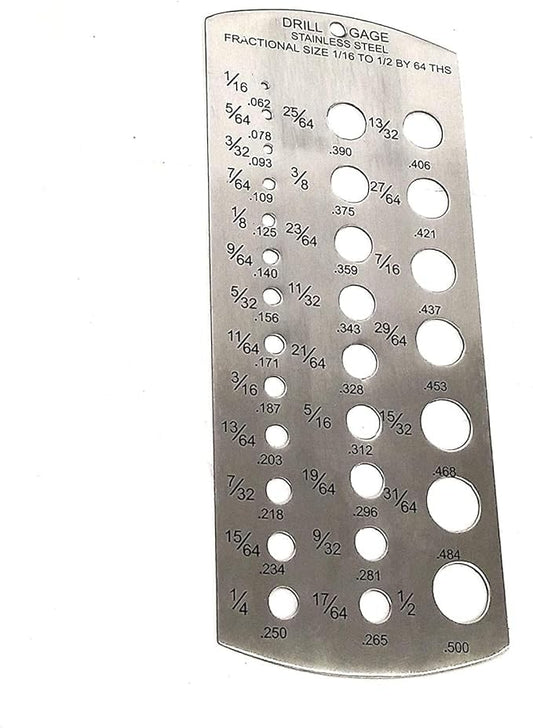 DIY Hand Tool Drill Gauge – Stainless Steel, Measures 1/16" to 1/2" in 64ths – Imperial Standard