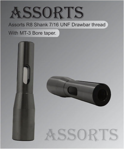 Assorts Milling Machine Arbor, R8 Shank, 7/16 UNF Drawbar Thread, MT-3 Bore Taper Sleeve for Precision Machining
