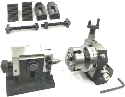 Assorts 3" Inches/ 80 Mm Tilting Rotary Table With 70 Mm 4 Jaw Independent Chuck, Suitable Back Plate & T Nuts Bolts, Tailstock & M6 Clamp Kit -engineering Tools