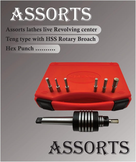 Assorts Lathe's High-Precision Live Revolving Center with MT-2 Shank Teng Style, Featuring Hex Tool and High-Speed Steel (HSS) Rotary Broach, Offers Precision Metalworking Operations