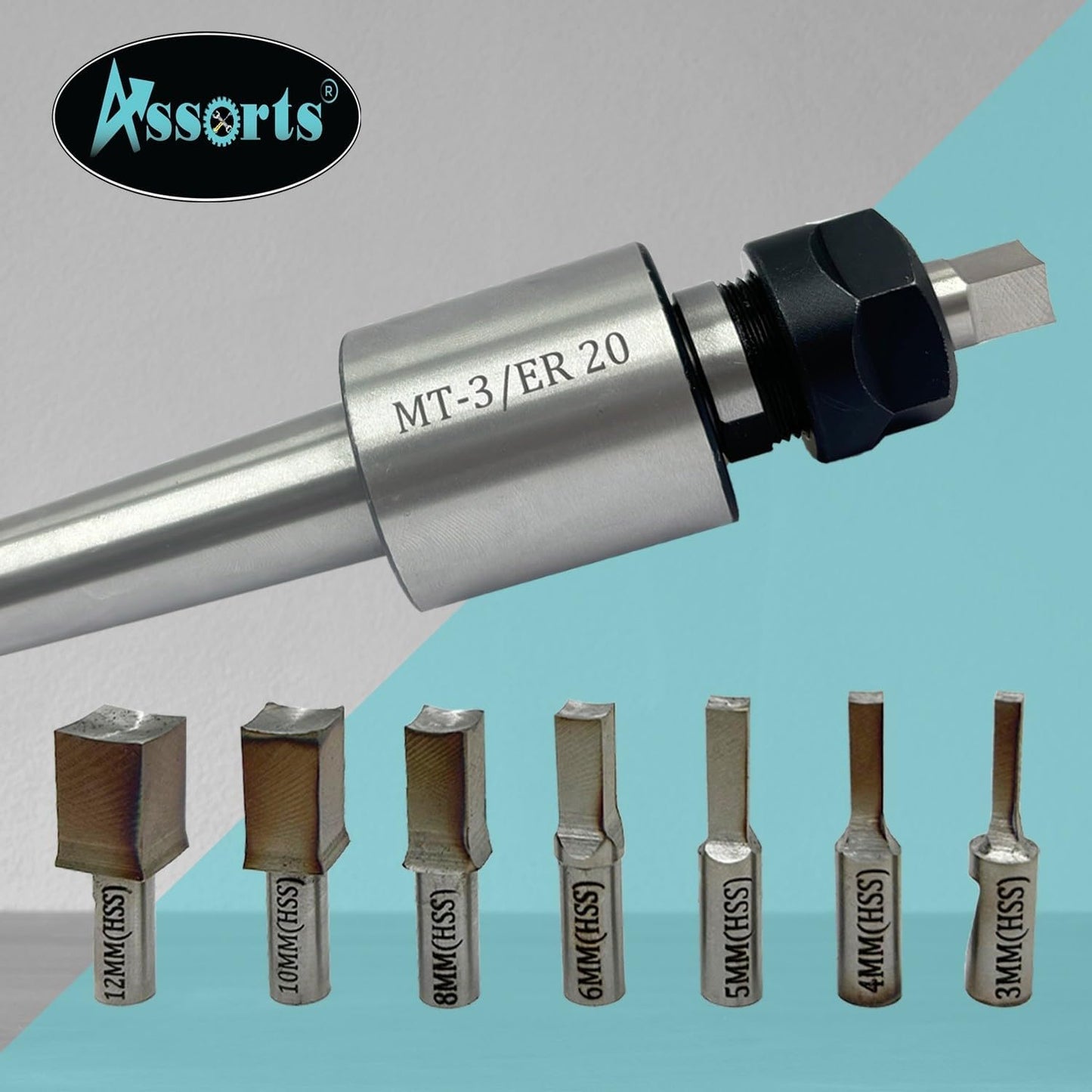 ASSORTS MT3 Shank Rotary Broaching Tool Set with ER20 Holder & 7 High Speed Steel Square Broach Punches | 3–12mm Internal Square Hole Cutter for CNC, Lathe & Mill Machining