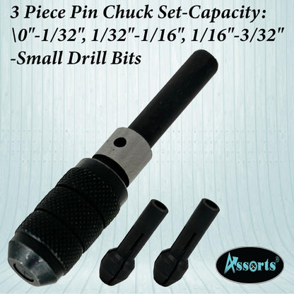 3 Piece Pin Chuck Set-Capacity: 0"-1/32", 1/32"-1/16", 1/16"-3/32"-Small Drill Bits
