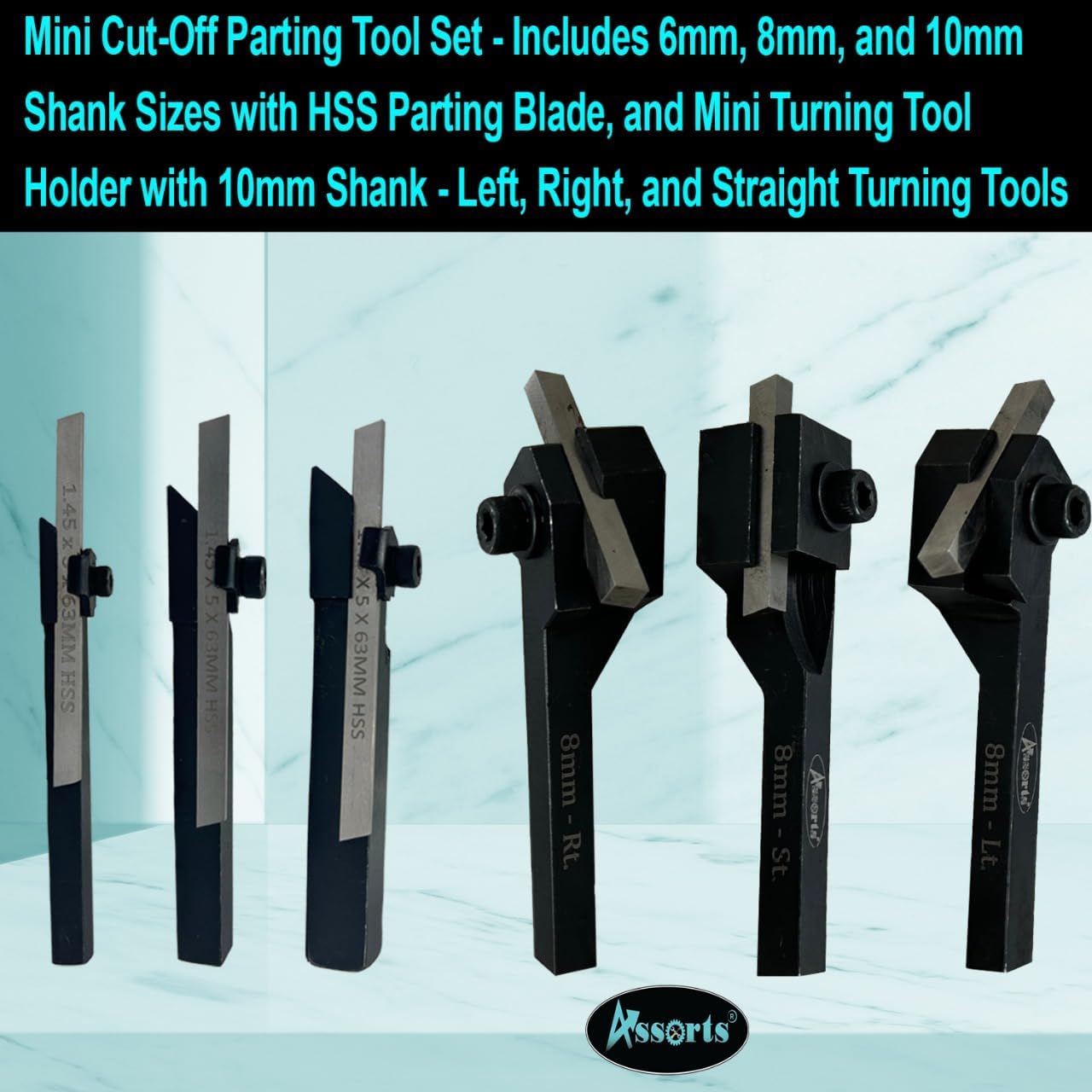 Assorts Mini Cut-Off Parting Tool Set - Includes 6mm, 8mm, and 10mm Shank Sizes with HSS Parting Blade, and Mini Turning Tool Holder with 10mm Shank - Left, Right, and Straight Turning Tools