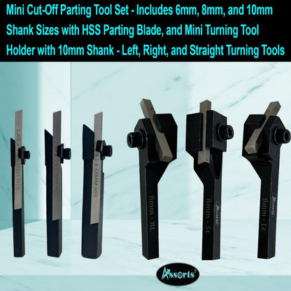Assorts Mini Cut-Off Parting Tool Set - Includes 6mm, 8mm, and 10mm Shank Sizes with HSS Parting Blade, and Mini Turning Tool Holder with 10mm Shank - Left, Right, and Straight Turning Tools