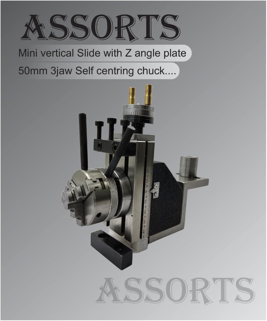 Assorts New Mini Fixed Vertical Slide (90mm x 50mm) with 2-Slots and Precision Side Scale, Z-Angle Plate, and 50mm 3-Jaw Self-Centering Chuck with Back Plate - for Mini Lathe Metalworking Projects