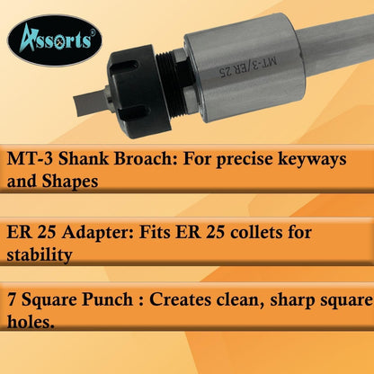 MT3 Shank Rotary Broach ER-25 Adapter + 7 Square Broaches