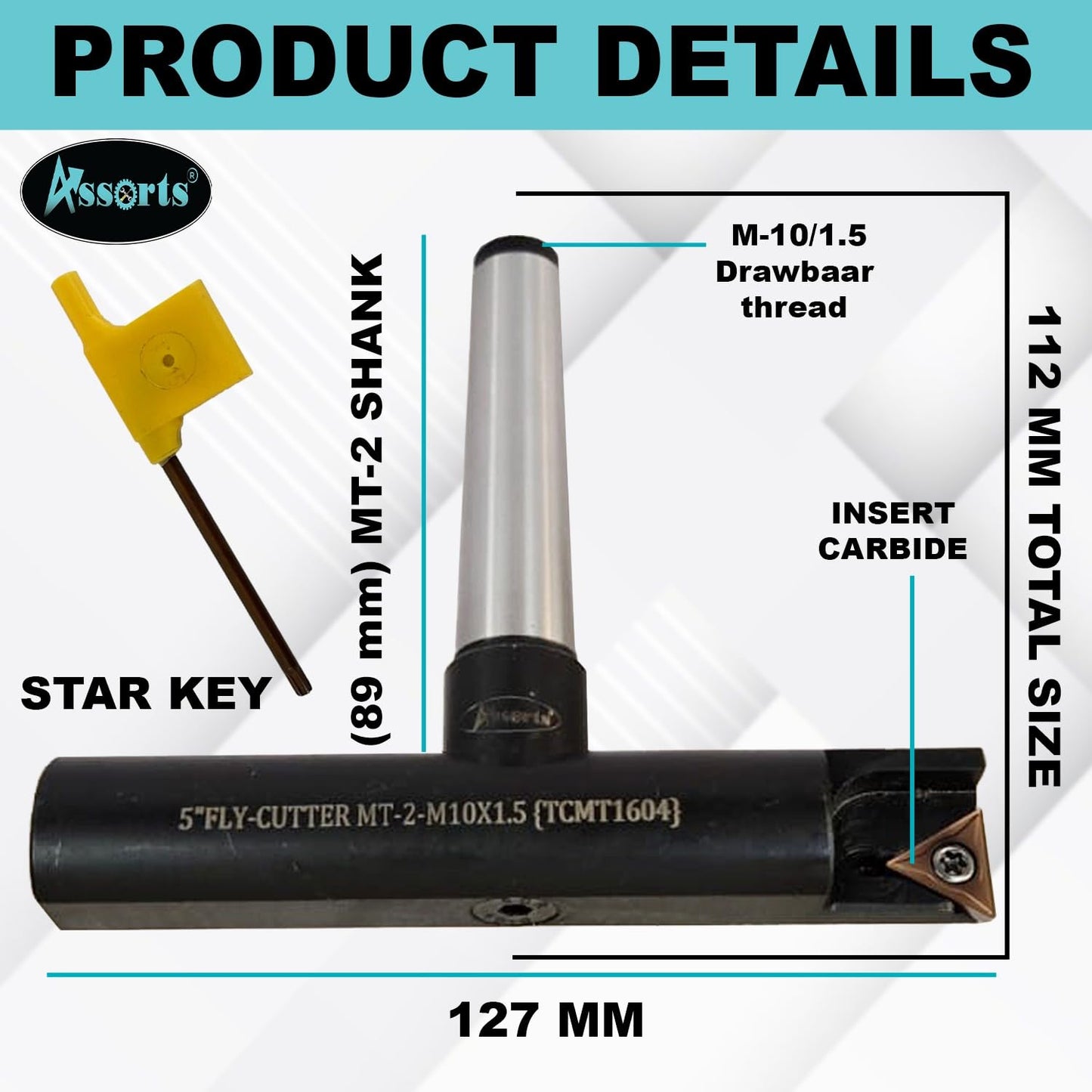 Assorts 5″ Balanced Fly Cutter Indexable Face Milling Cutter with MT-2 Shank (M10 × 1.5 Drawbar), Single TCMT1604 Insert, Torx Screw & Star Key Included