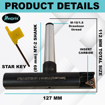 Assorts 5″ Balanced Fly Cutter Indexable Face Milling Cutter with MT-2 Shank (M10 × 1.5 Drawbar), Single TCMT1604 Insert, Torx Screw & Star Key Included