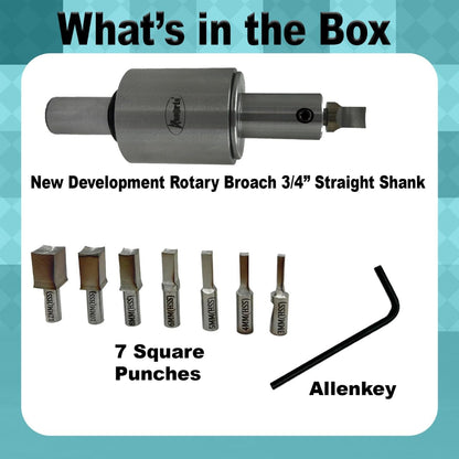 Assorts Newly Developed Rotary Broach (Metric) – 3/4” (19.05 mm) Straight Shank + 7 PCS H.S.S. Square Punch Set (3–12 mm)-Enhanced with Wobble Feature
