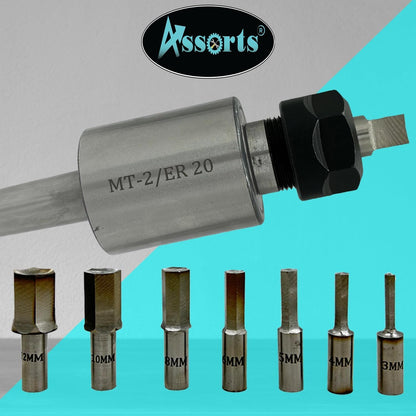 ASSORTS MT-2 Shank Rotary Broach Holder with ER20 Adapter & 7-Piece HEX Broach Set (3–12mm) for CNC Lathe, Milling Machine, Precision Internal Hex Cutting Tools