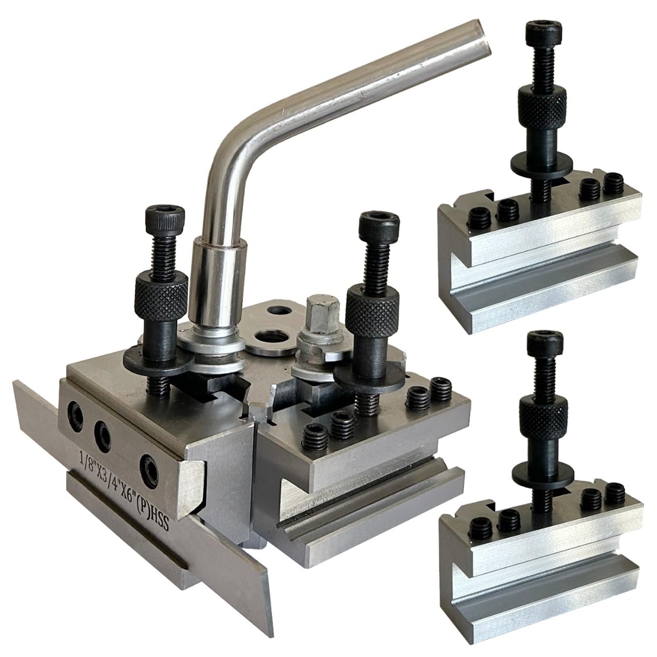 Assorts T-51 Quick Change Tool Post Set with 2 Standard Holders, 1 Boring Holder & 1 Parting Holder with 1/8” × 3/4” × 6” HSS Parting Blade – Lathe Tool Holder Set