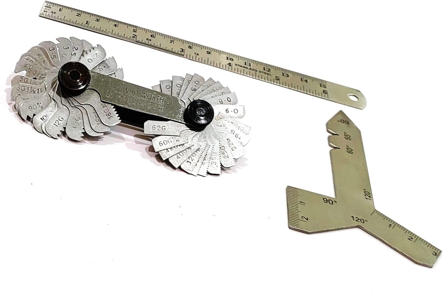 DIY Hand Tool Combo - 51 Blades BSW/Metric Thread Pitch Gauge, 6" /150 mm SS Scale (Ruler) & SS Universal Grinding Gauge