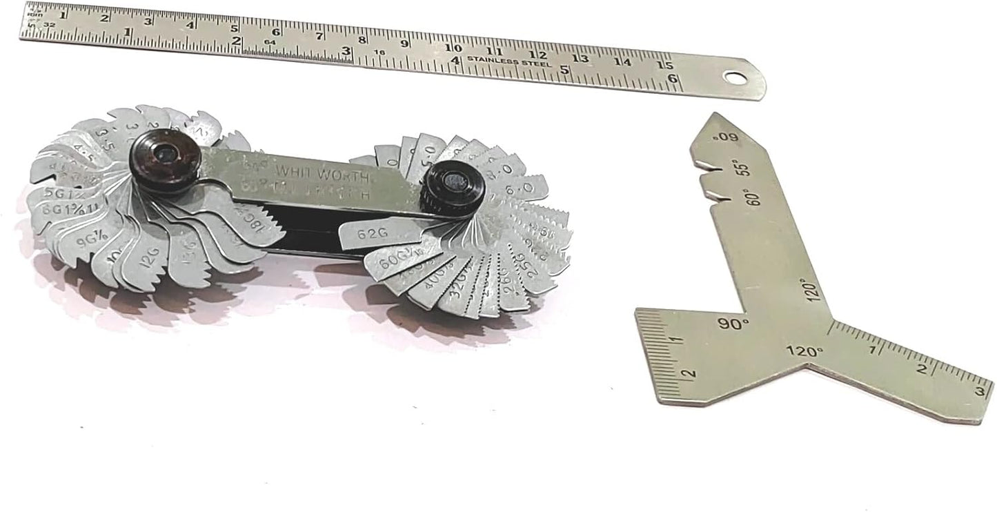 DIY Hand Tool Combo - 51 Blades BSW/Metric Thread Pitch Gauge, 6" /150 mm SS Scale (Ruler) & SS Universal Grinding Gauge