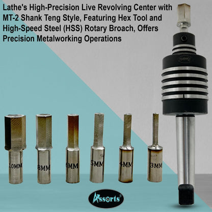 Assorts MT2 Shank Rotary Broaching Live Center Set with 7 HSS Hex Punches (3mm–12mm) – Teng Style Tool for Lathe Metalworking