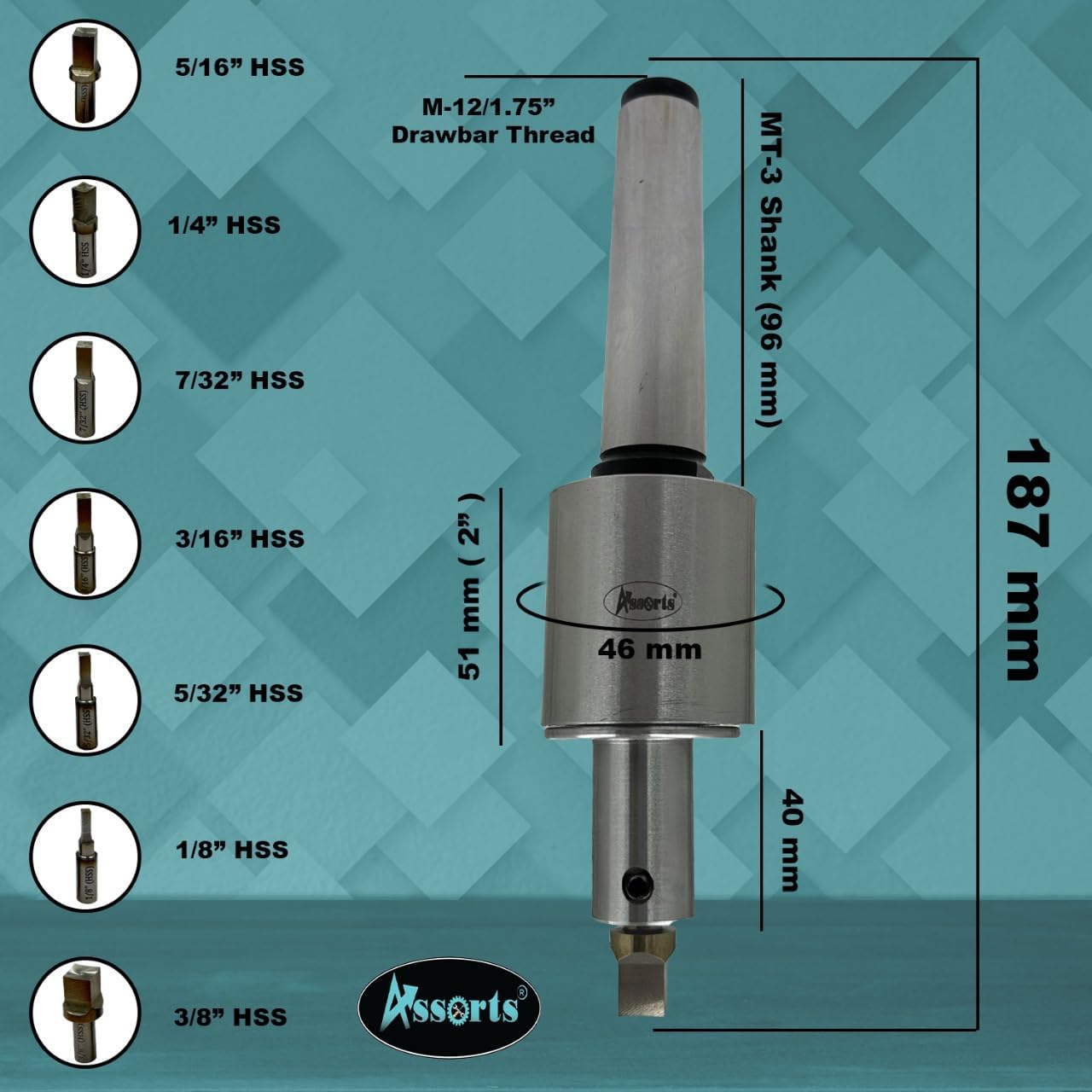 ASSORTS Precision Rotary Broach with MT3 M12 x 1.75 Drawbar Thread and H.S.S Square Punch 7 Pcs– Ideal for CNC, Lathe, Milling & Drilling
