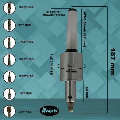 ASSORTS Precision Rotary Broach with MT3 M12 x 1.75 Drawbar Thread and H.S.S Square Punch 7 Pcs– Ideal for CNC, Lathe, Milling & Drilling