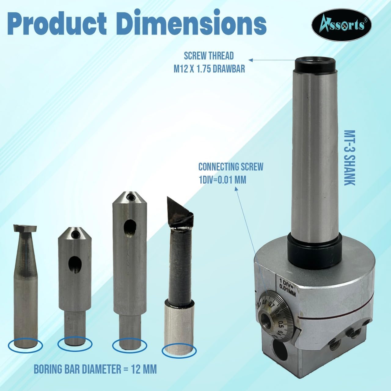 Boring Head 62 mm Diameter for Lathe, milling Machine Tools Accessories with Fly Cutters, Carbide brazed Tool Sets // 1 div=0.01 mm (Morse Taper mt3 (m12 x 1.75 Drawbar))