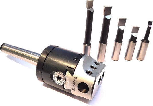 Precision Boring Head 2" for Milling & Lathe Machine 1 Div=0.0005" (2MT SHANK (M10 X 1.5) W/ 5 PCS HSS BORING BAR SET)