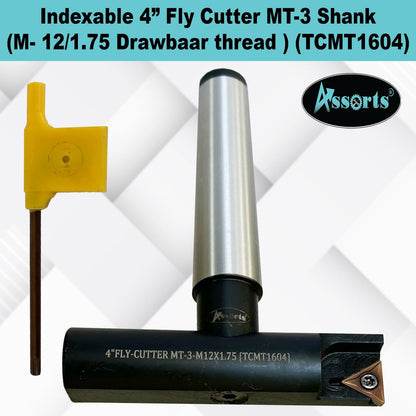 Assorts 4" Indexable Fly Cutter with MT3 Shank (M12 x 1.75 Drawbar Thread) – TCMT 1604 Insert Tool, Precision Face Milling Cutter for Milling Machines, Smooth Surface Finish & Heavy-Duty Metalworking