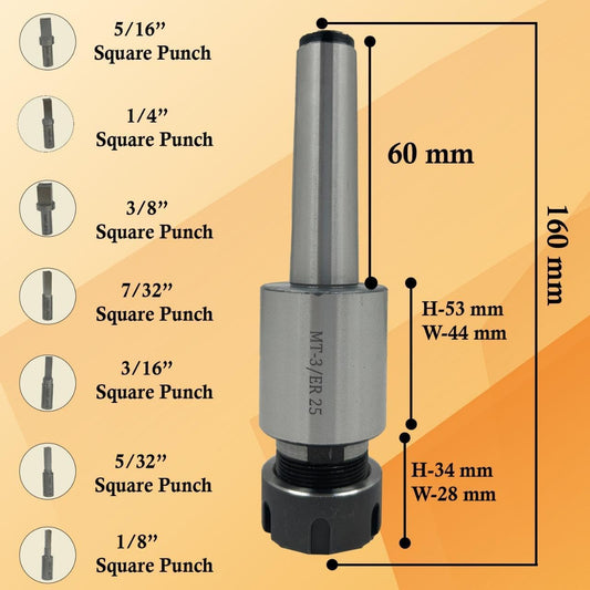 MT3 Shank Rotary Broach ER-25 Adapter + 7 Square Broaches
