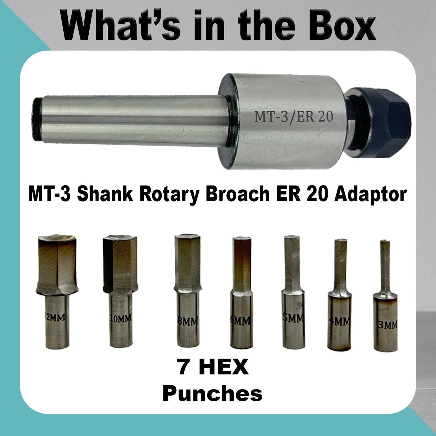ASSORTS MT3 Shank Rotary Broach Holder with ER20 Adaptor – Precision Internal Hex Broaching Tool Set with Hardened HSS Hex Broaches for CNC Lathes, Milling Machines & Professional Metalworking