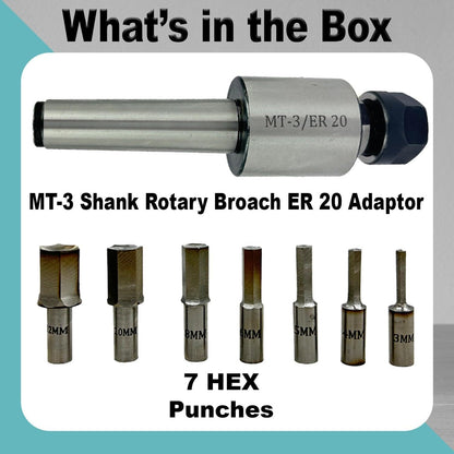 ASSORTS MT3 Shank Rotary Broach Holder with ER20 Adaptor – Precision Internal Hex Broaching Tool Set with Hardened HSS Hex Broaches for CNC Lathes, Milling Machines & Professional Metalworking