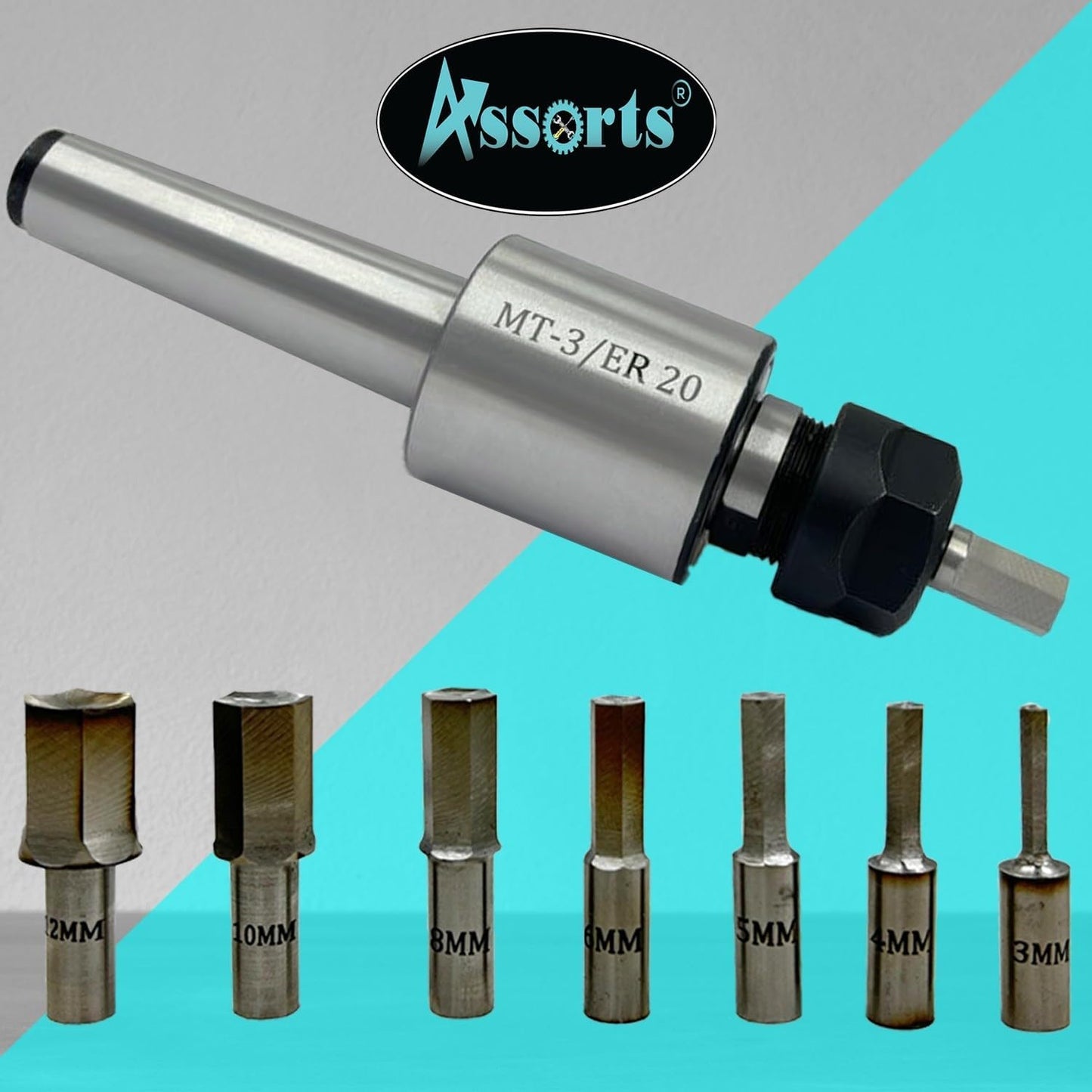 ASSORTS MT3 Shank Rotary Broach Holder with ER20 Adaptor – Precision Internal Hex Broaching Tool Set with Hardened HSS Hex Broaches for CNC Lathes, Milling Machines & Professional Metalworking
