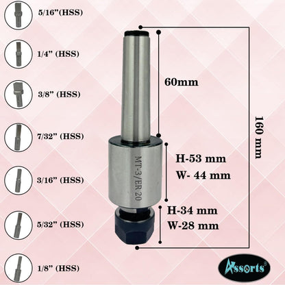 Assorts MT3 Shank Rotary Broach Kit with ER-20 Adapter & 7-Piece Square Broach Set – High-Precision Tools for CNC and Milling Excellence